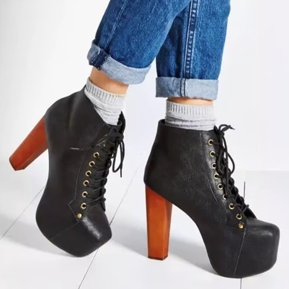Jeffrey Campbell Lita Ankle Boots Black Leather Wooden Heel Lace-up Women’s 8 - Picture 1 of 13